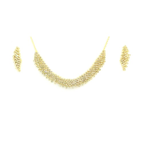 Necklace Set with Earrings, Gold Base Studded with White American Diamond, XXP-CV-21163, Fashion Jewelry